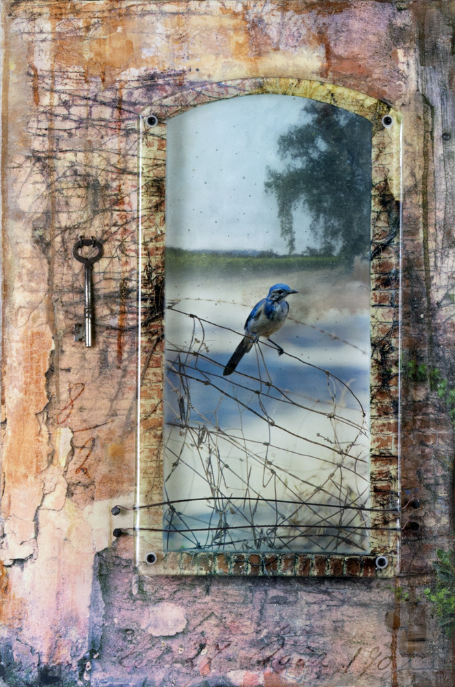 Art by Sandy Young: Birde with a View, mixed media.