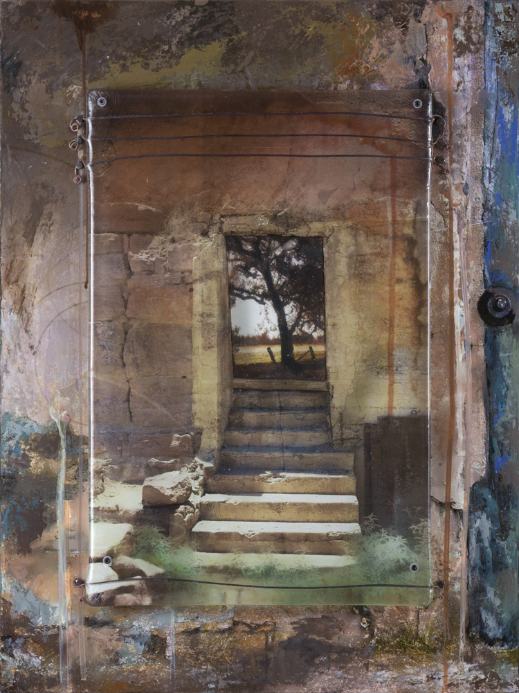 Mixed media art with kiln-formed glass by Sandy Young. "Dawn Lit Path"