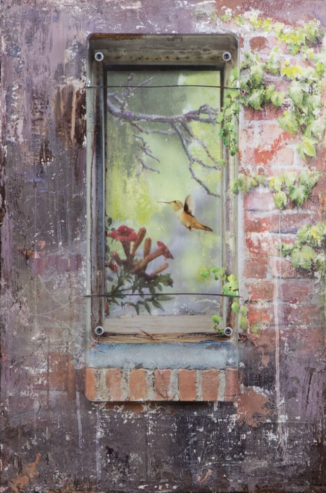 Mixed media with kiln-formed glass art by Sandy Young. "Out my Window"