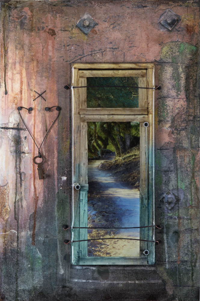 Mixed media with kiln-formed glass art by Sandy Young. Path at the Door